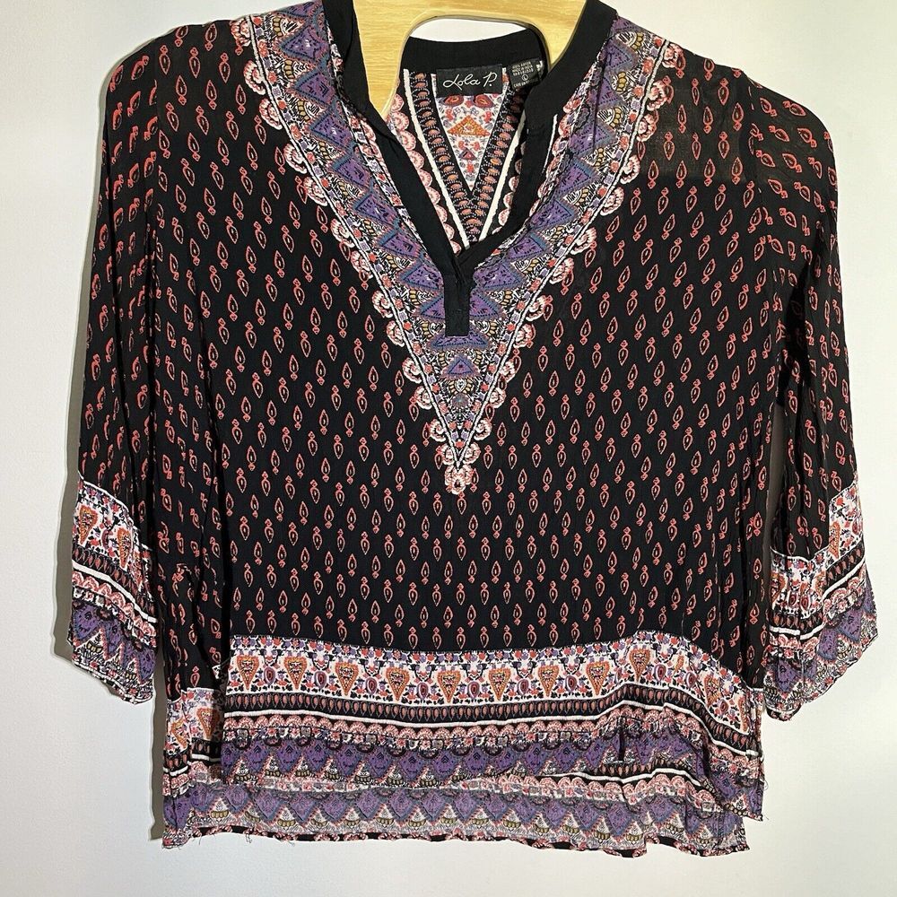 Lola P Women's Large Long Sleeve V Neck Rayon Bohemian Tunic Top Boho Hippie